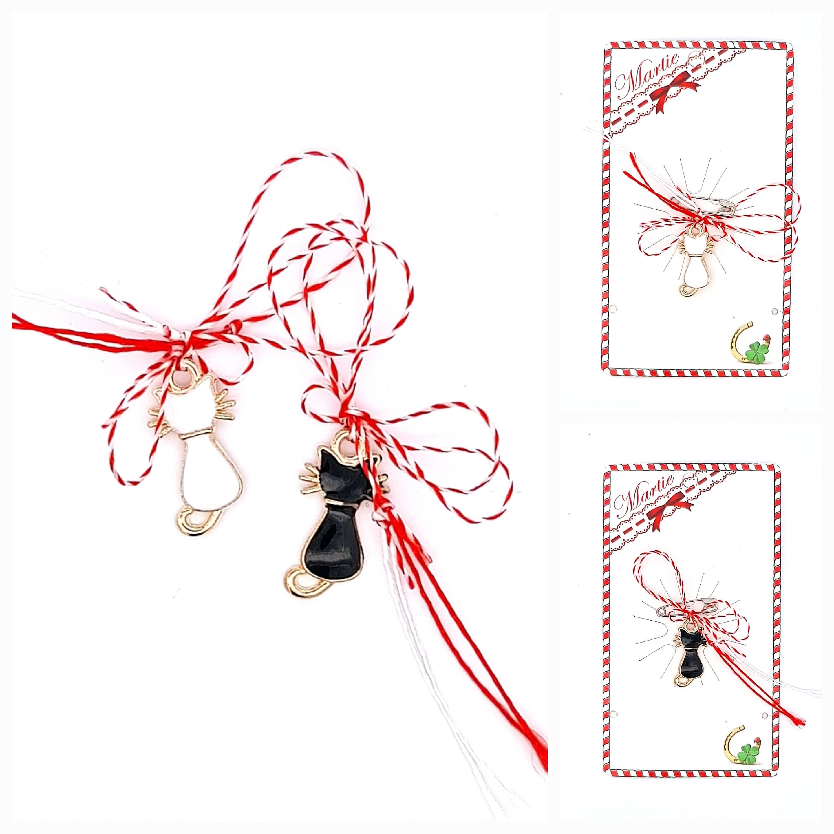 Black and White Cat Enamel Martisor on White Background, a whimsical and Sustainable Martisor for Spring with educational card