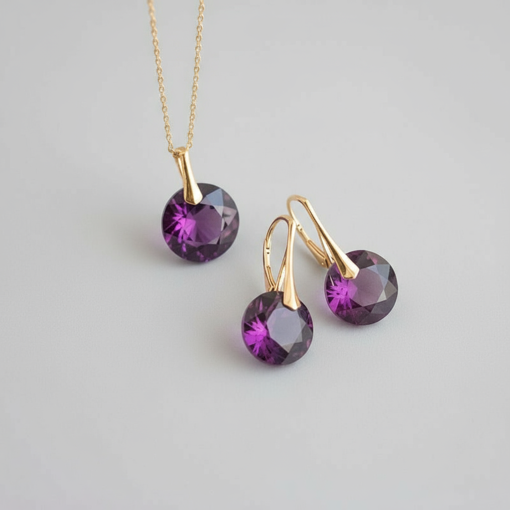 Gold necklace and earrings with purple gemstones on a light gray background. February birthstone amethyst necklace and leverback earrings in 24k gold-plated sterling silver by Magpie Gems