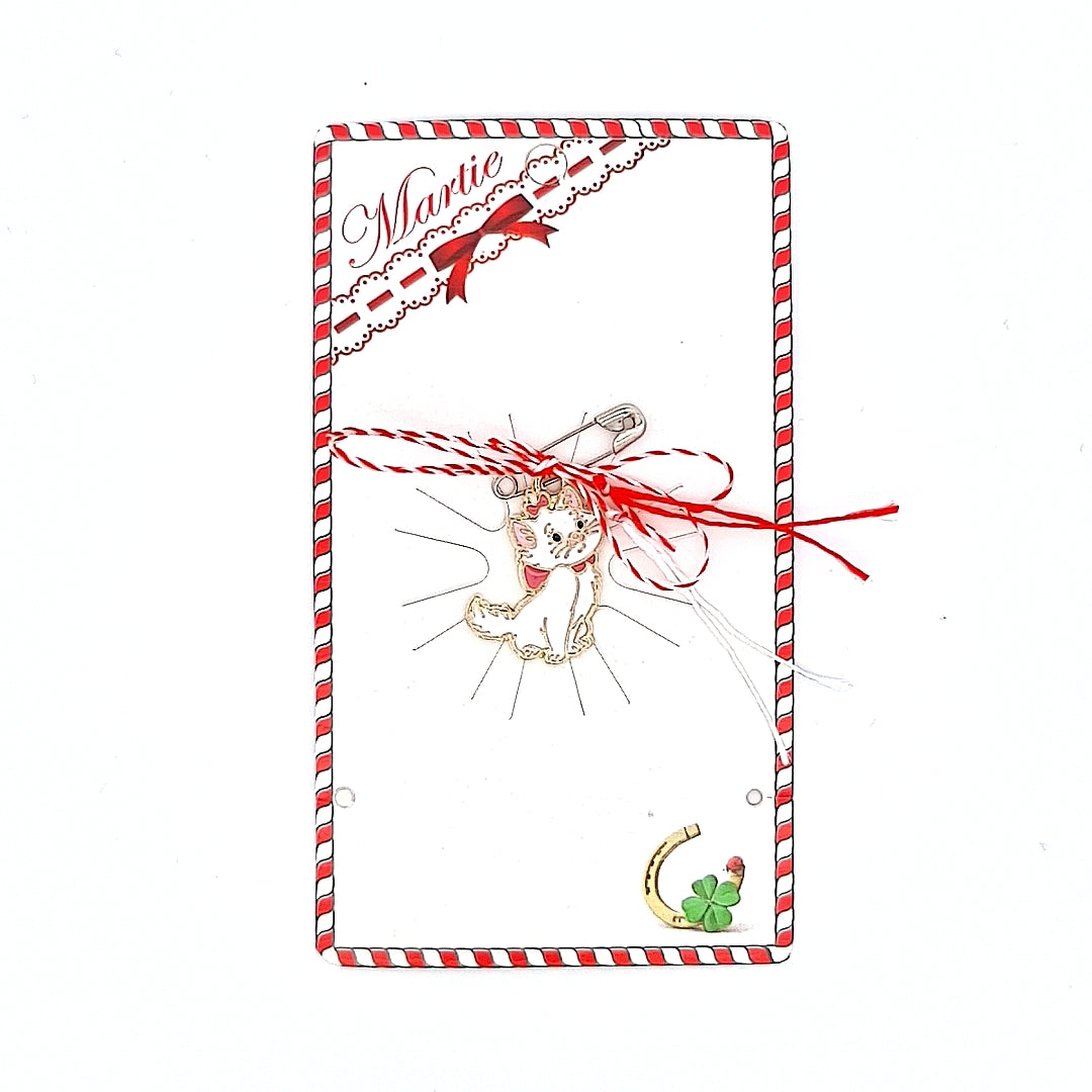 White Kitty with Pink Bow Martisor on Card Ireland