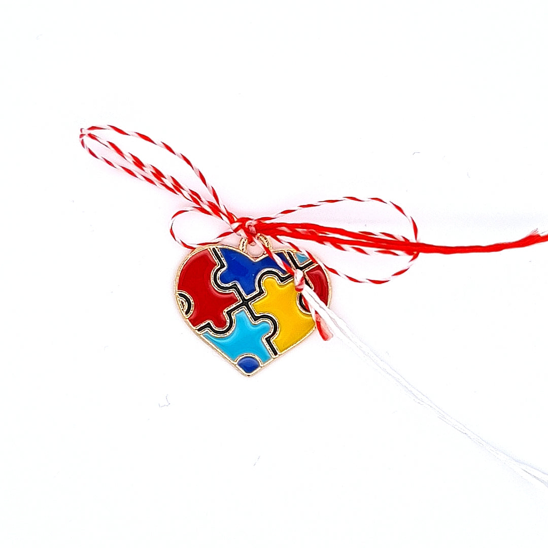 Love You to Pieces Martisor heart style, colourful jigsaw Martisor, red and white ribbon, safety pin from Ireland
