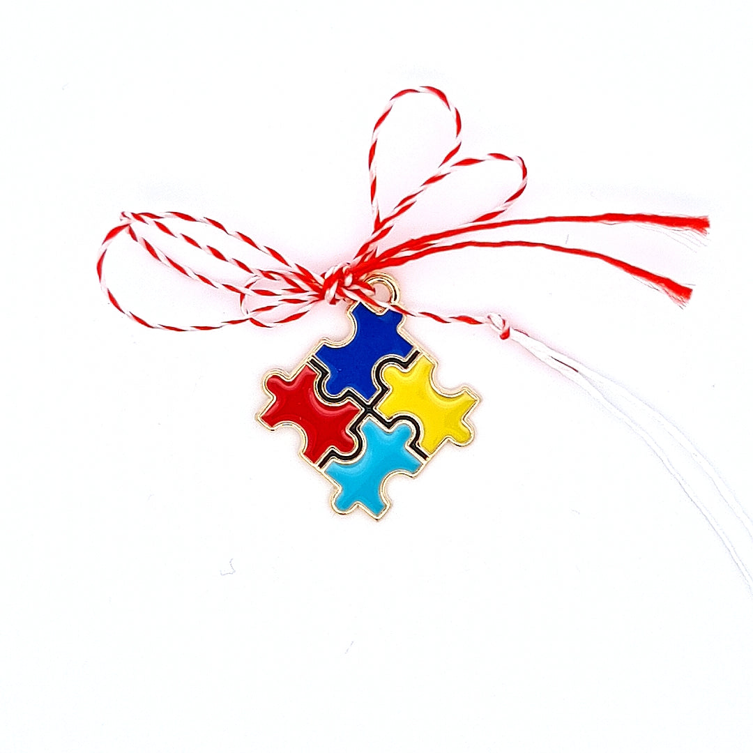 Love You to Pieces Martisor square style, colorful jigsaw Martisor, red and white ribbon, safety pin from Ireland