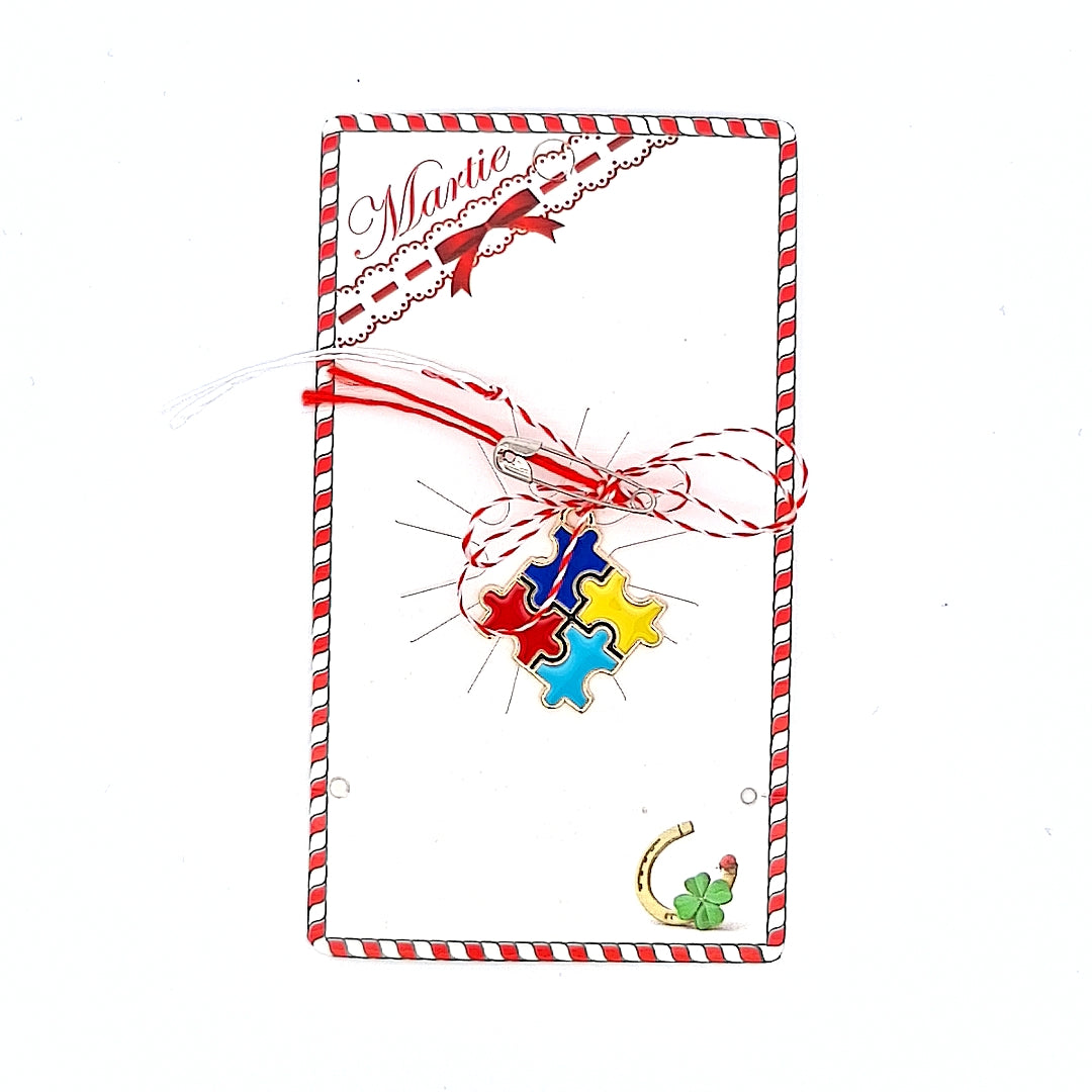 Love You to Pieces Martisor square style, colorful jigsaw Martisor, red and white ribbon, safety pin from Ireland, placed on a card