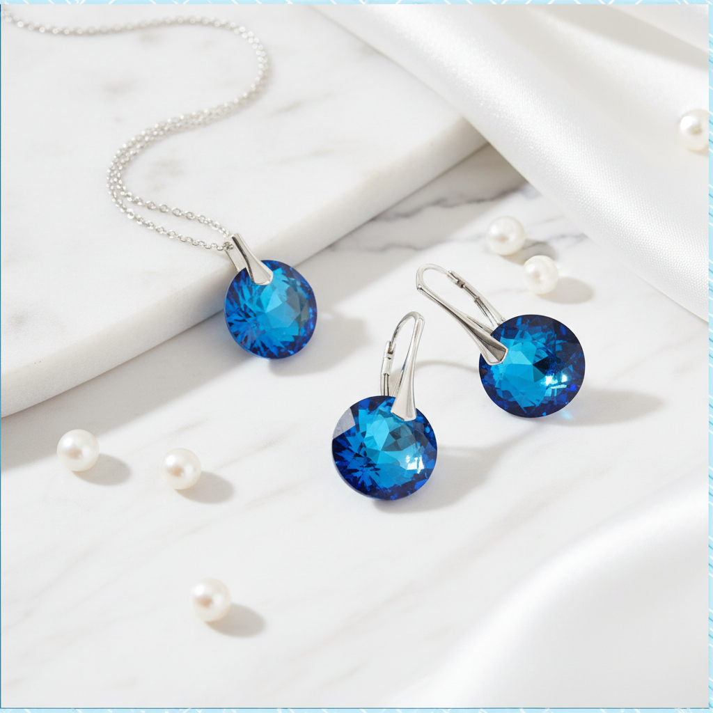 Jewelry set with bermuda blue crystal pendant and earrings in Sterling silver, made for women in Ireland by Magpie Gems.