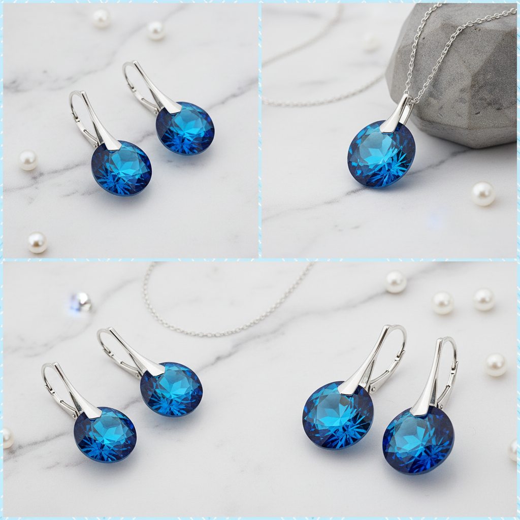 Blue gemstone earrings and necklace on a marble surface
