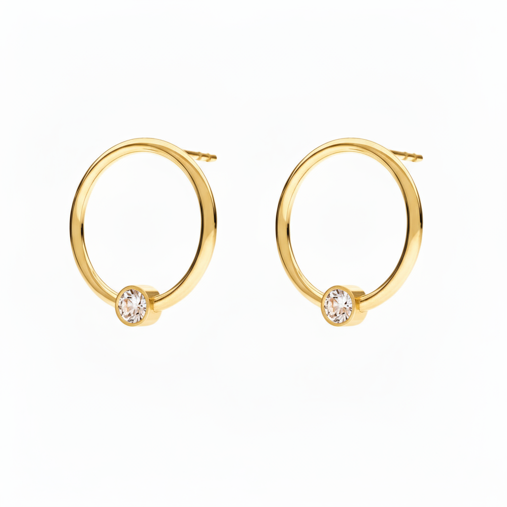 April birthstone circle earrings in 24k gold-plated sterling silver with clear Diamond crystal, handcrafted by Magpie Gems Ireland