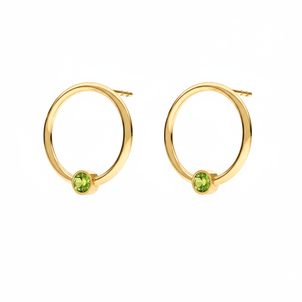 August birthstone circle earrings in 24k gold-plated sterling silver with green Peridot crystal, handcrafted by Magpie Gems Ireland