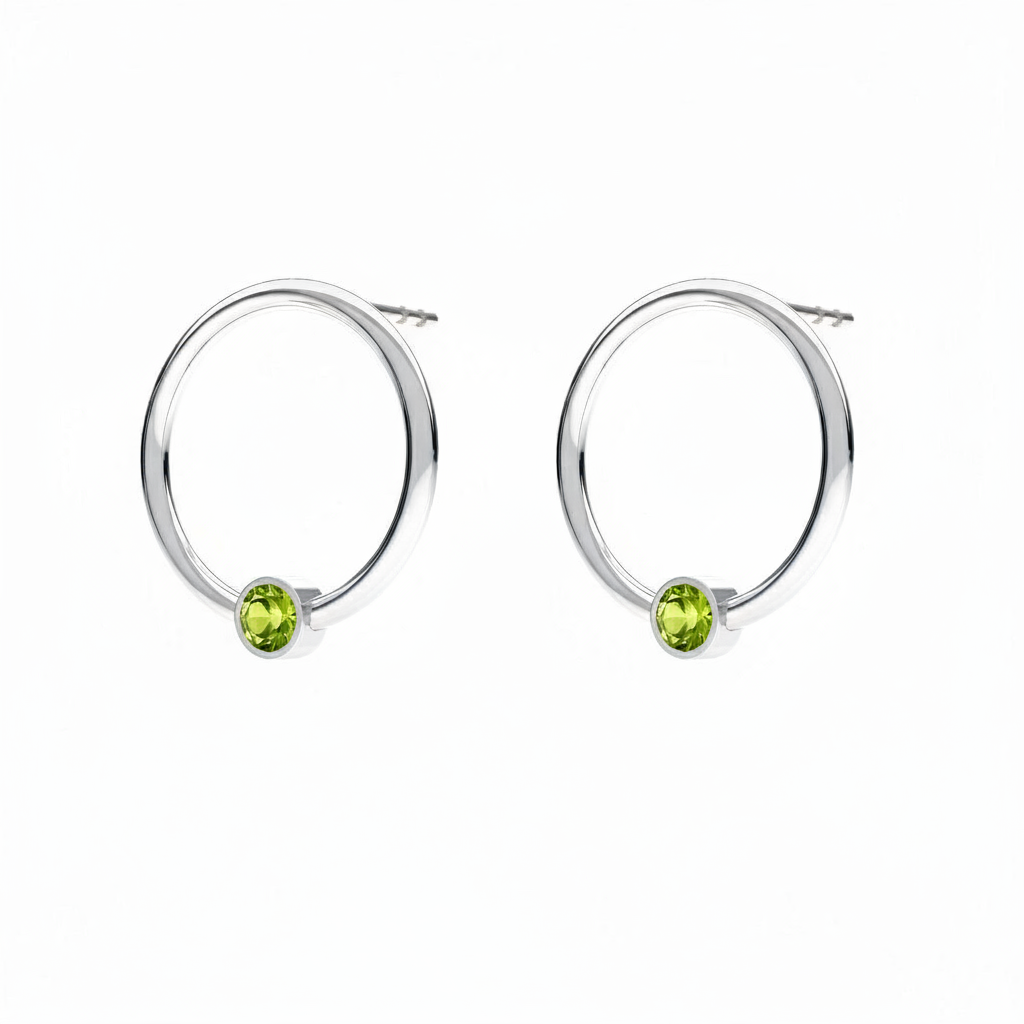 August birthstone circle earrings in sterling silver with green Peridot crystal, handcrafted by Magpie Gems Ireland