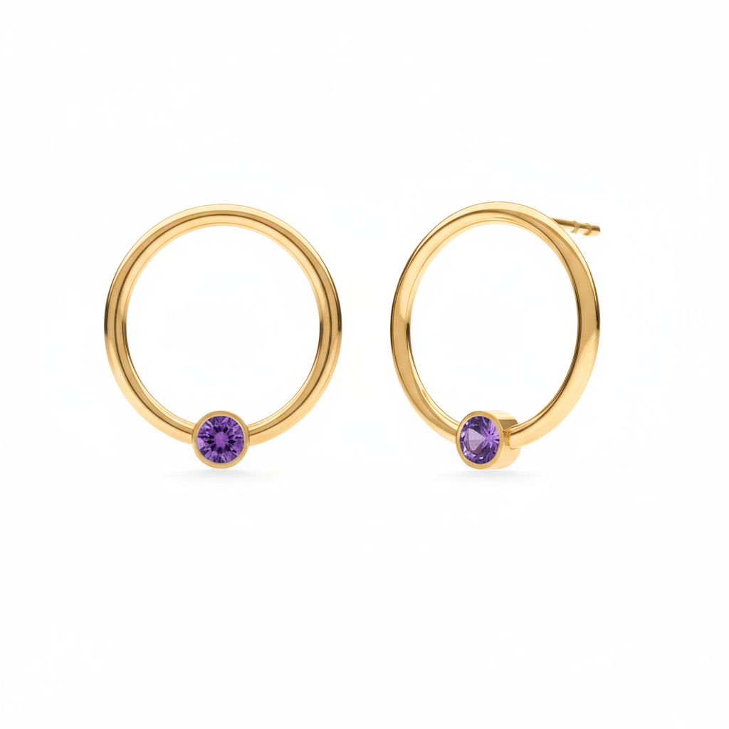 February birthstone circle earrings in 24k gold-plated sterling silver with purple Amethyst crystal, handcrafted by Magpie Gems Ireland