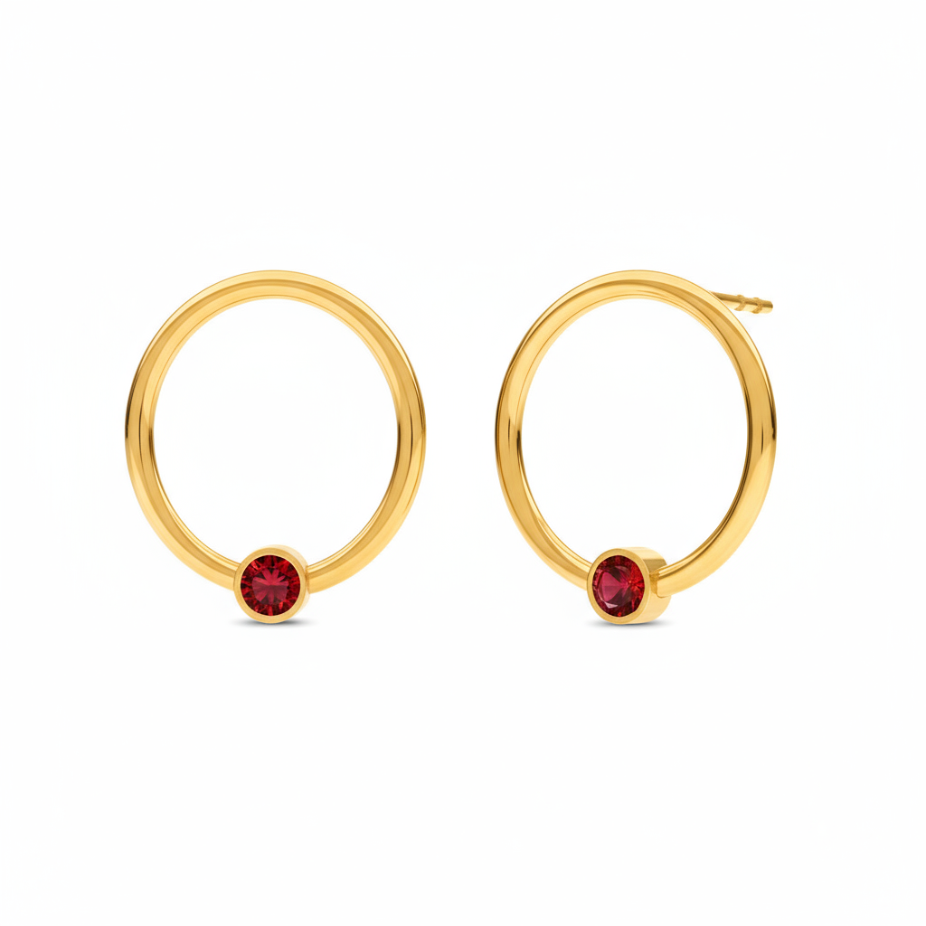January birthstone circle earrings in 24k gold-plated sterling silver with red Garnet crystal, handcrafted by Magpie Gems Ireland