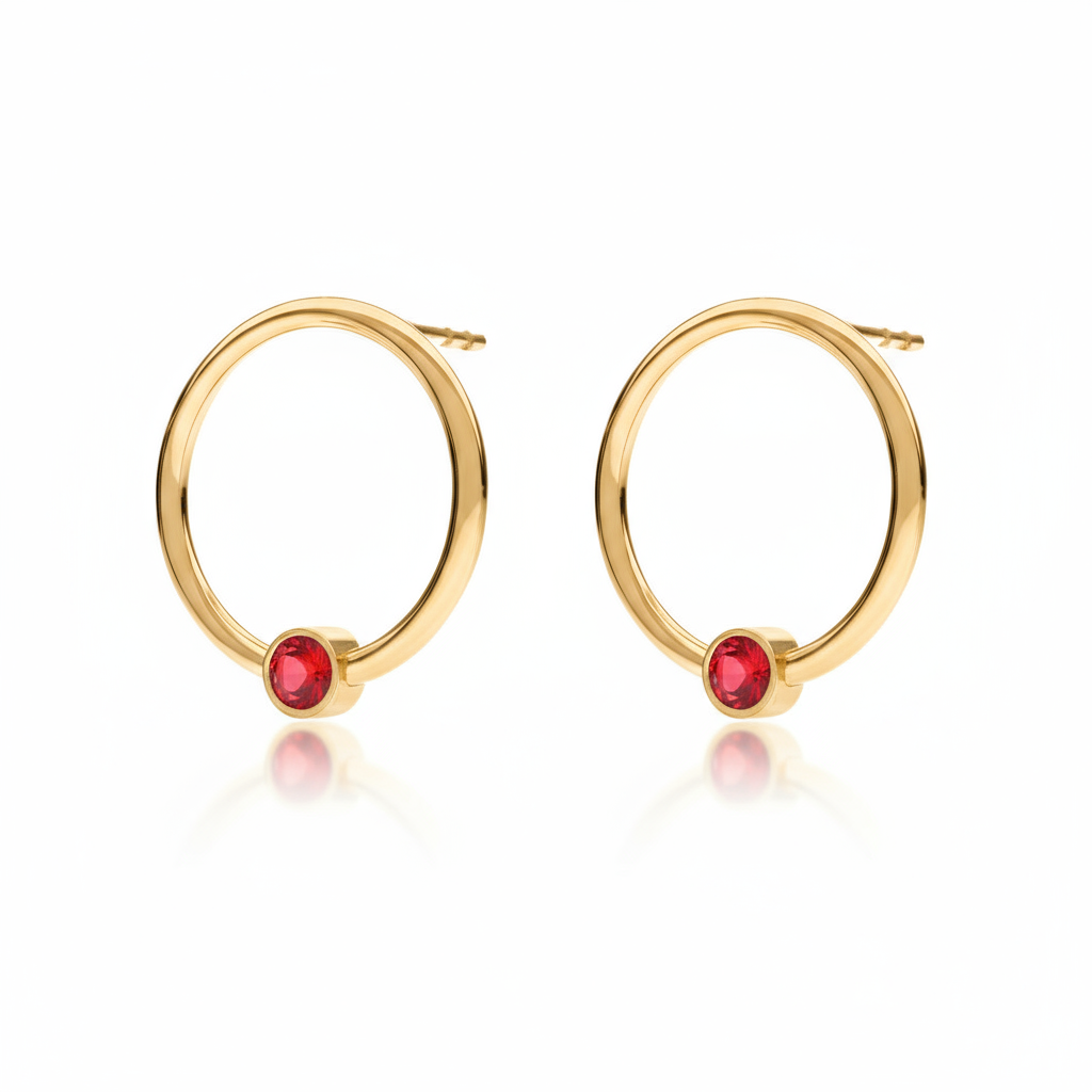 July birthstone circle earrings in 24k gold-plated sterling silver with red Ruby crystal, handcrafted by Magpie Gems Ireland