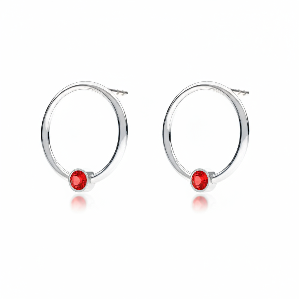 July birthstone circle earrings in sterling silver with red Ruby crystal, handcrafted by Magpie Gems Ireland