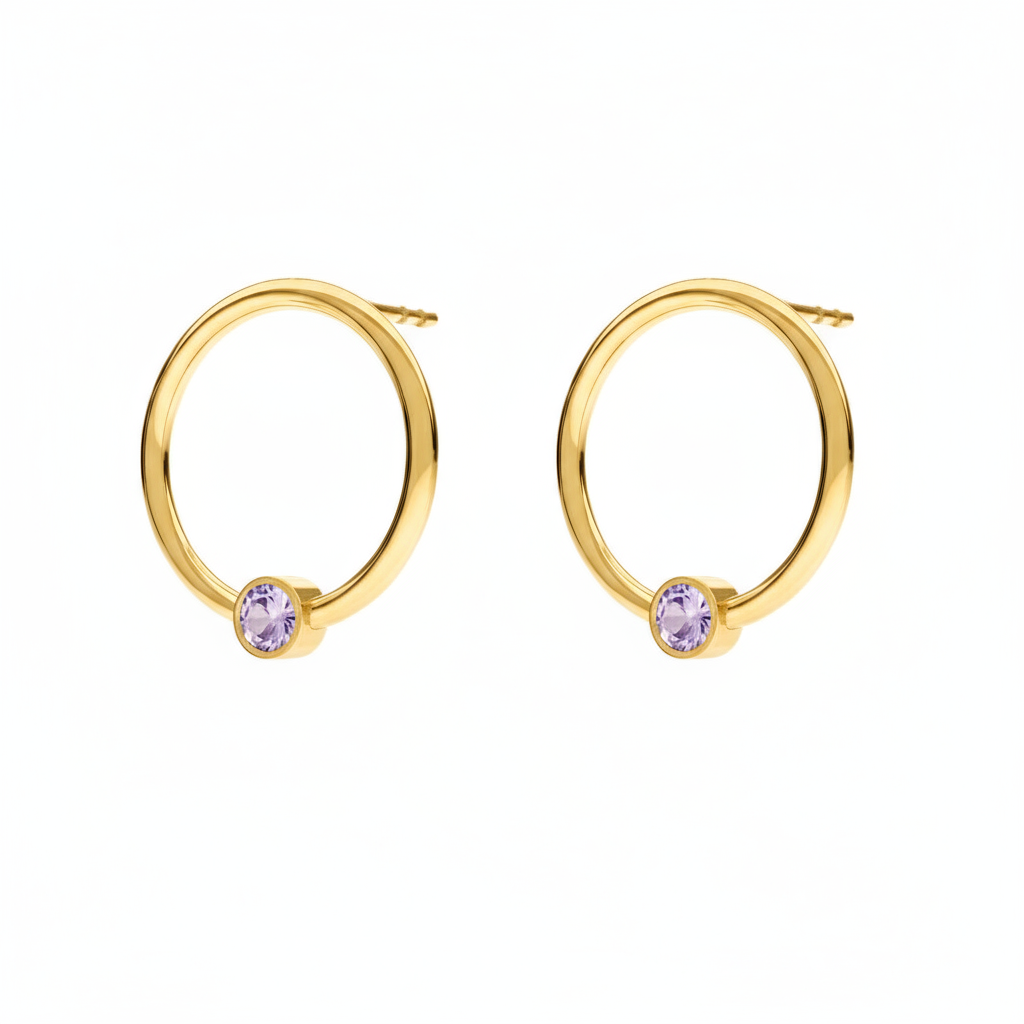 June birthstone circle earrings in 24k gold-plated sterling silver with light amethyst crystal, handcrafted by Magpie Gems Ireland