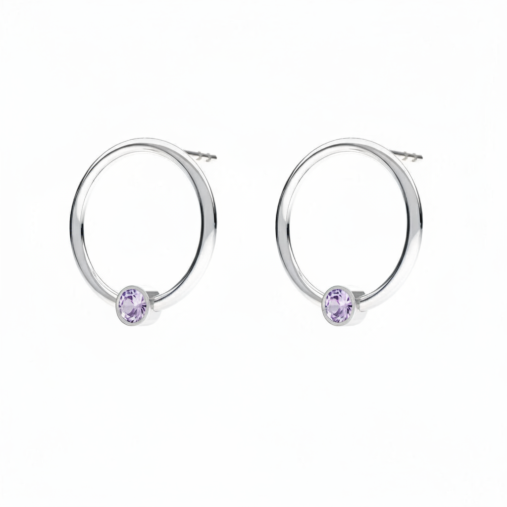 June birthstone circle earrings in sterling silver with light amethyst crystal, handcrafted by Magpie Gems Ireland