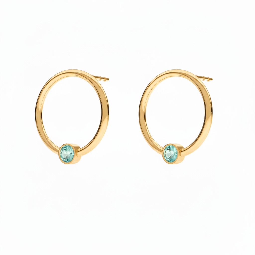 March birthstone circle earrings in 24k gold-plated sterling silver with light blue Aquamarine crystal, handcrafted by Magpie Gems Ireland