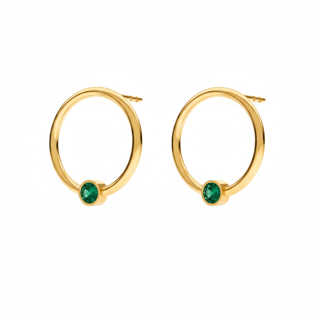 May birthstone circle earrings in 24k gold-plated sterling silver with green Emerald crystal, handcrafted by Magpie Gems Ireland