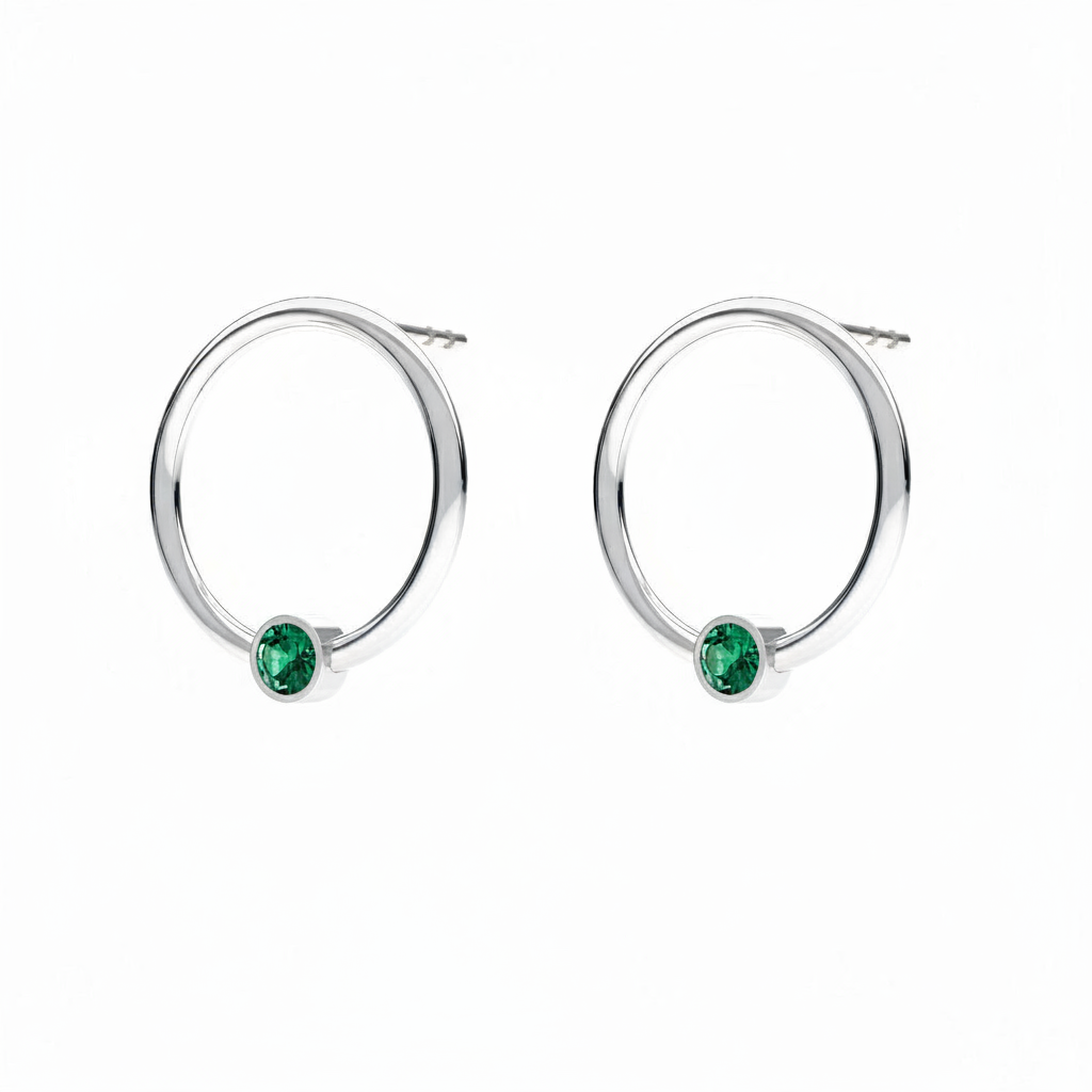 May birthstone circle earrings in sterling silver with green Emerald crystal, handcrafted by Magpie Gems Ireland