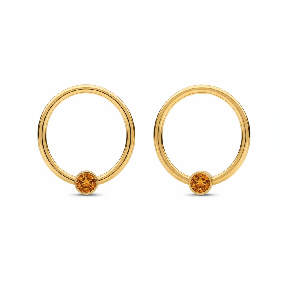 November birthstone circle earrings in 24k gold-plated sterling silver with golden Topaz crystal, handcrafted by Magpie Gems Ireland