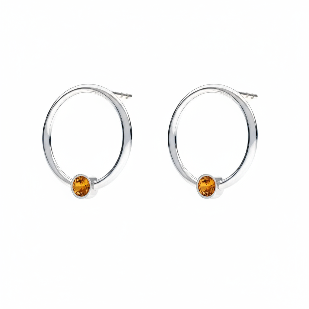 November birthstone circle earrings in sterling silver with golden Topaz crystal, handcrafted by Magpie Gems Ireland