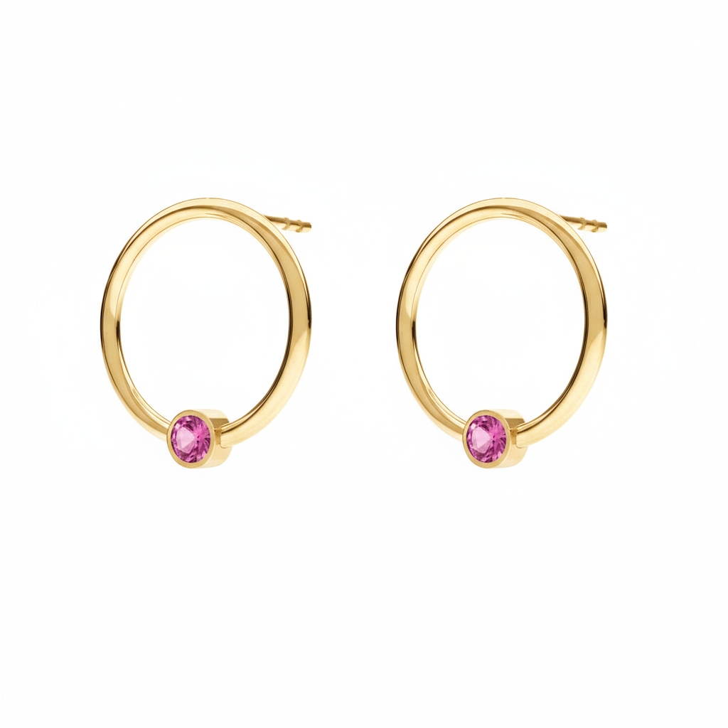 October birthstone circle earrings in 24k gold-plated sterling silver with pink Opal crystal, handcrafted by Magpie Gems Ireland