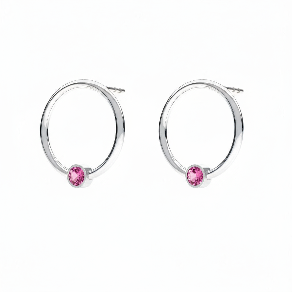 October birthstone circle earrings in sterling silver with pink Opal crystal, handcrafted by Magpie Gems Ireland