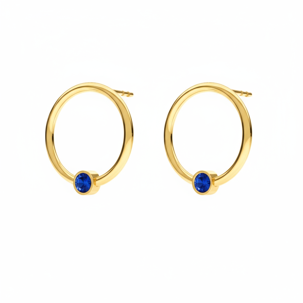 September birthstone circle earrings in 24k gold-plated sterling silver with deep blue Sapphire crystal, handcrafted by Magpie Gems Ireland
