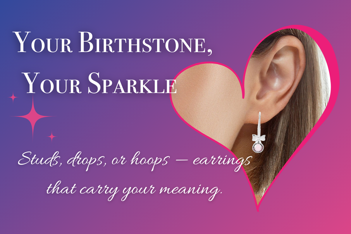 Handcrafted sterling silver birthstone earrings by Magpie Gems Ireland – personalised studs, drops, and hoops designed with Austrian crystals, gift-ready and meaningful.