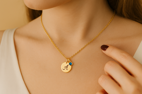 Gold-plated sterling silver birthstone initial necklace with engraved disc and Austrian crystal birthstone.