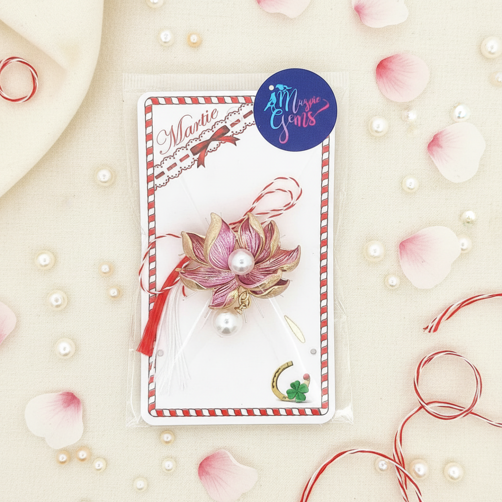 Elegantly packaged Blossom of Hope Mărțișor Brooch with red and white string, ready to be gifted as a cherished symbol of hope and new beginnings."