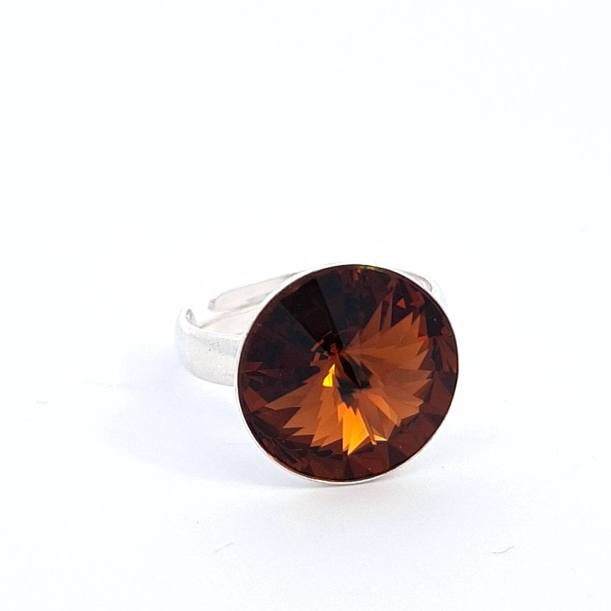 Side View of Spectra Solitaire Ring with Reflective Rivoli Crystal Brown Smoked Topaz  - Magpie Gems Ireland