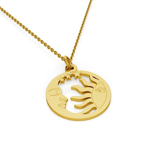 24k gold-plated 'Celestial Harmony' necklace featuring a circular pendant with intricately carved sun on one half and crescent moon with stars on the other, crafted from nickel-free sterling silver, suspended on a delicate chain.