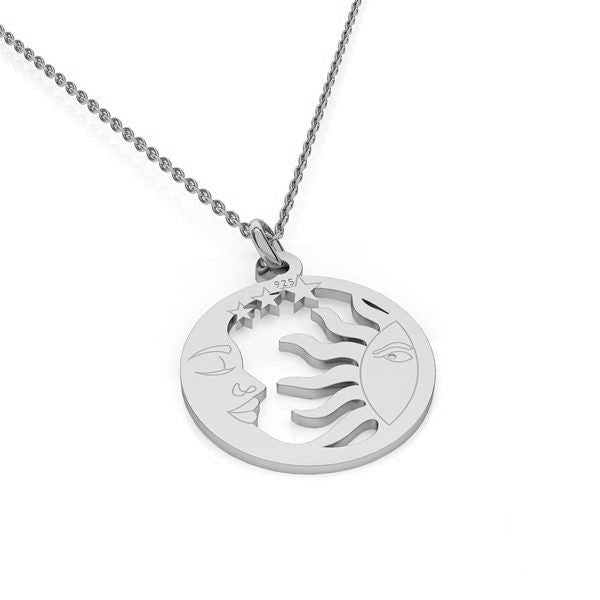 Sterling silver 'Celestial Harmony' necklace with a round pendant depicting a detailed sun and moon face in relief, symbolizing balance and unity, on a fine silver chain.