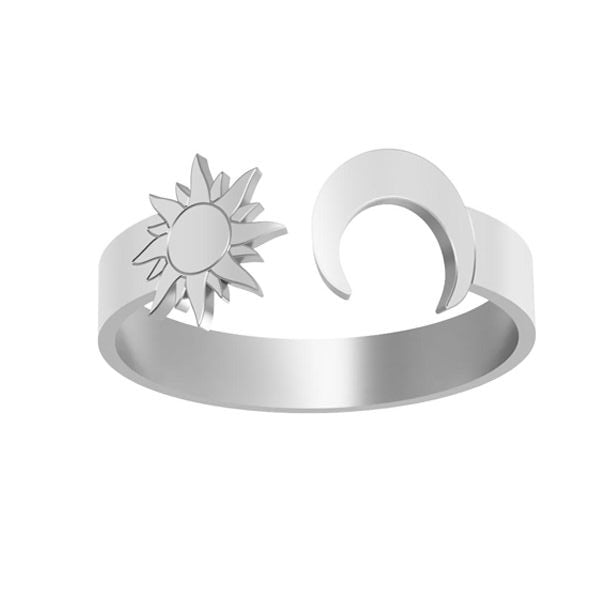 Elegant sterling silver ring from Magpie Gems with intricately designed sun and moon emblems, reflecting the celestial dance in a sleek, modern style with an open band, fully adjustable.
