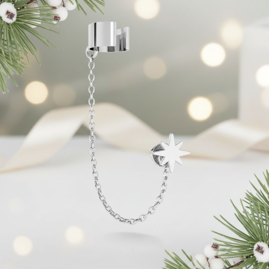 Band Ear Cuff with Chain and a North Star Stud Earring