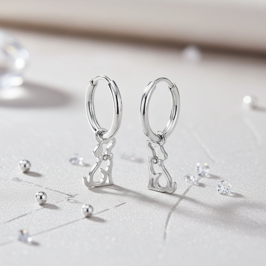 Close-up of Dog with Crystal Charm Hoop Earrings