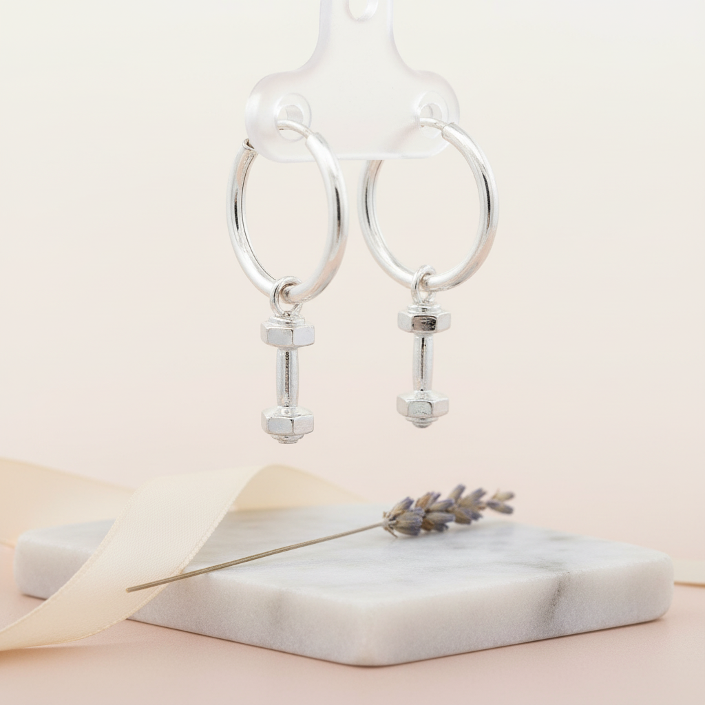 Close-up of Dumbbell Charm Hoop Earrings