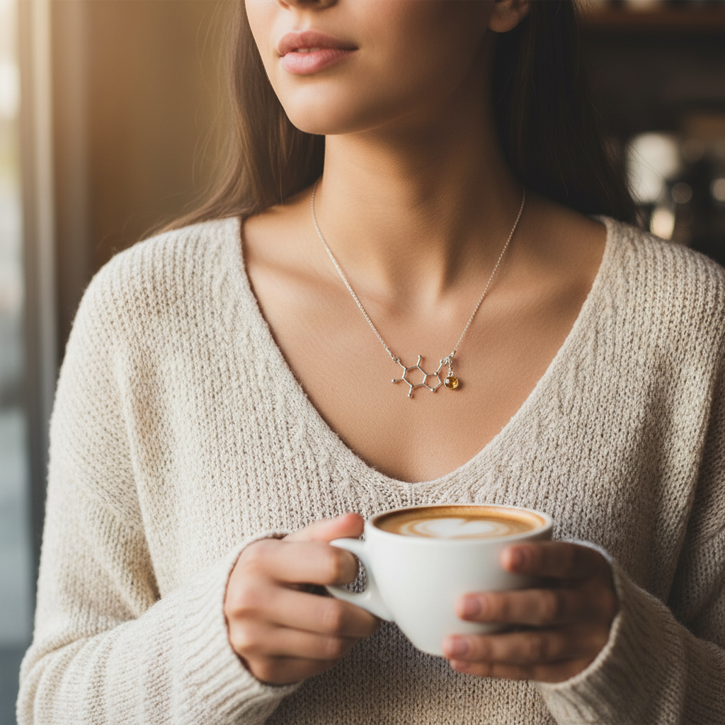 BE ACTIVE Charm Necklace | Caffeine Molecule with a Birthstone