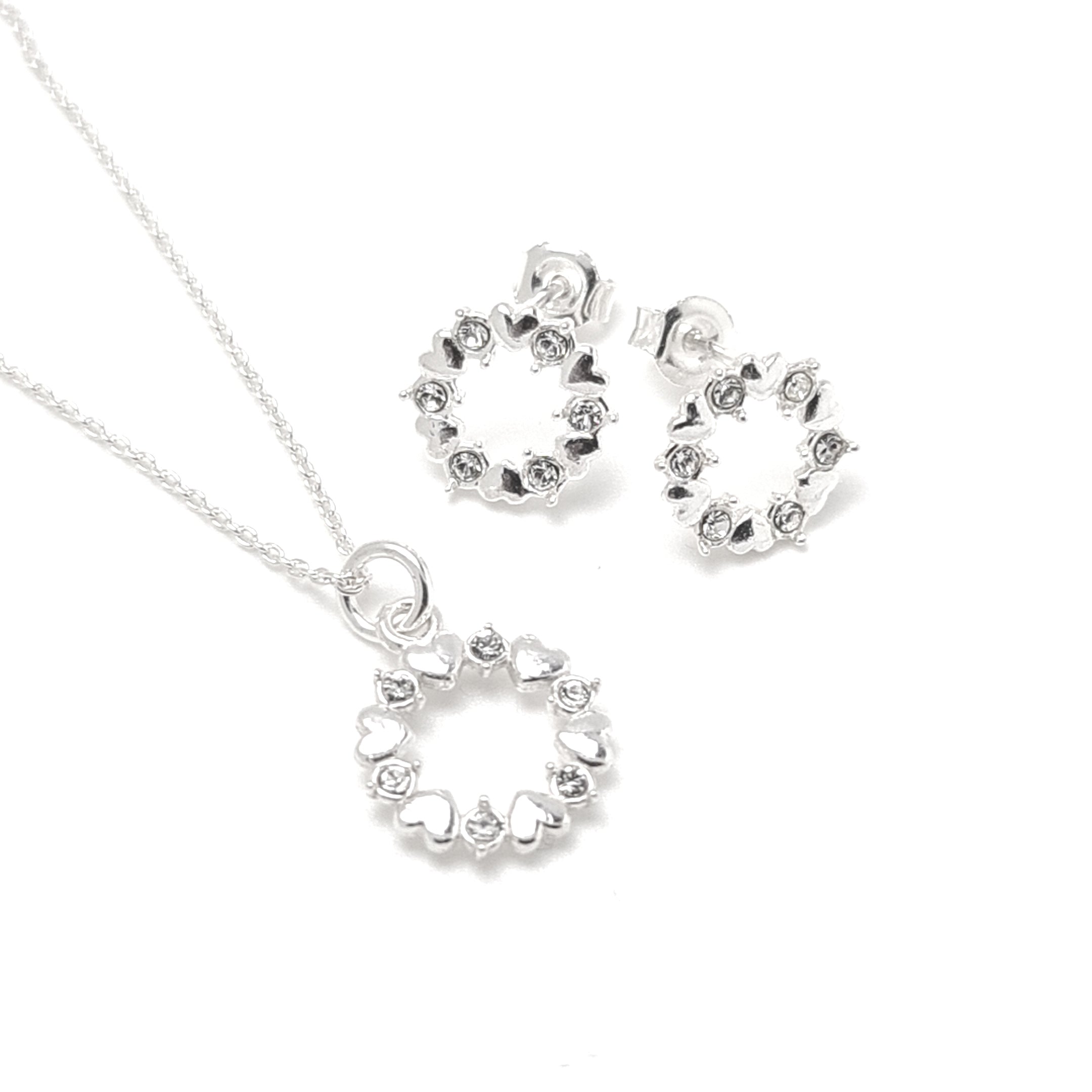 Crystal Harmony Jewellery Set – Circular stud earrings and circular pendant necklace with silver hearts and round crystals in sterling silver by Magpie Gems.
