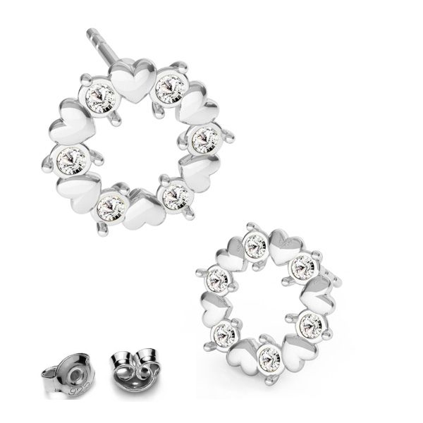 Crystal Harmony Stud Earrings – Circular earrings with silver hearts and round crystals in sterling silver by Magpie Gems.