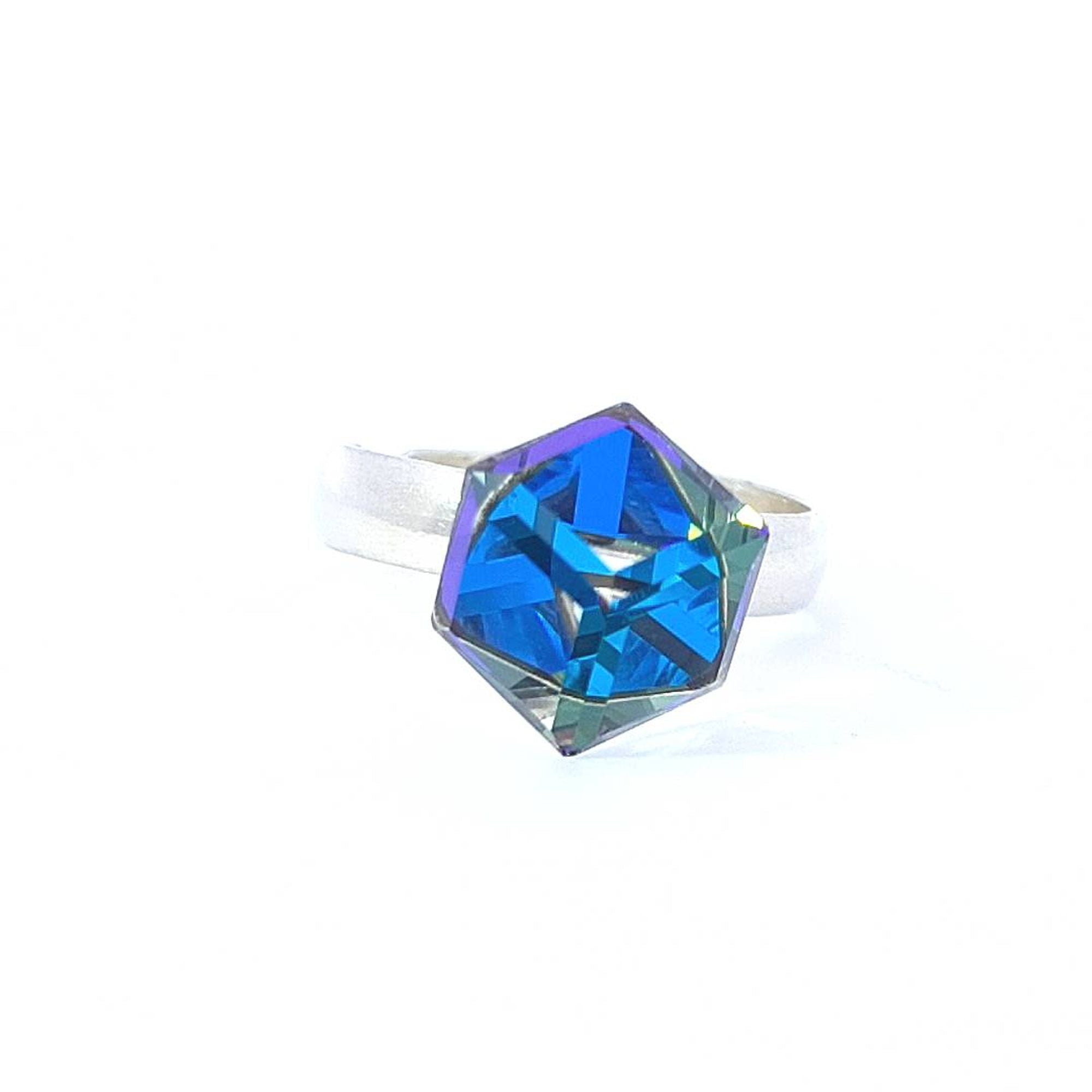 GeoGlimmer Cube Ring in Sterling Silver with a Striking Bermuda Blue Crystal by Magpie Gems