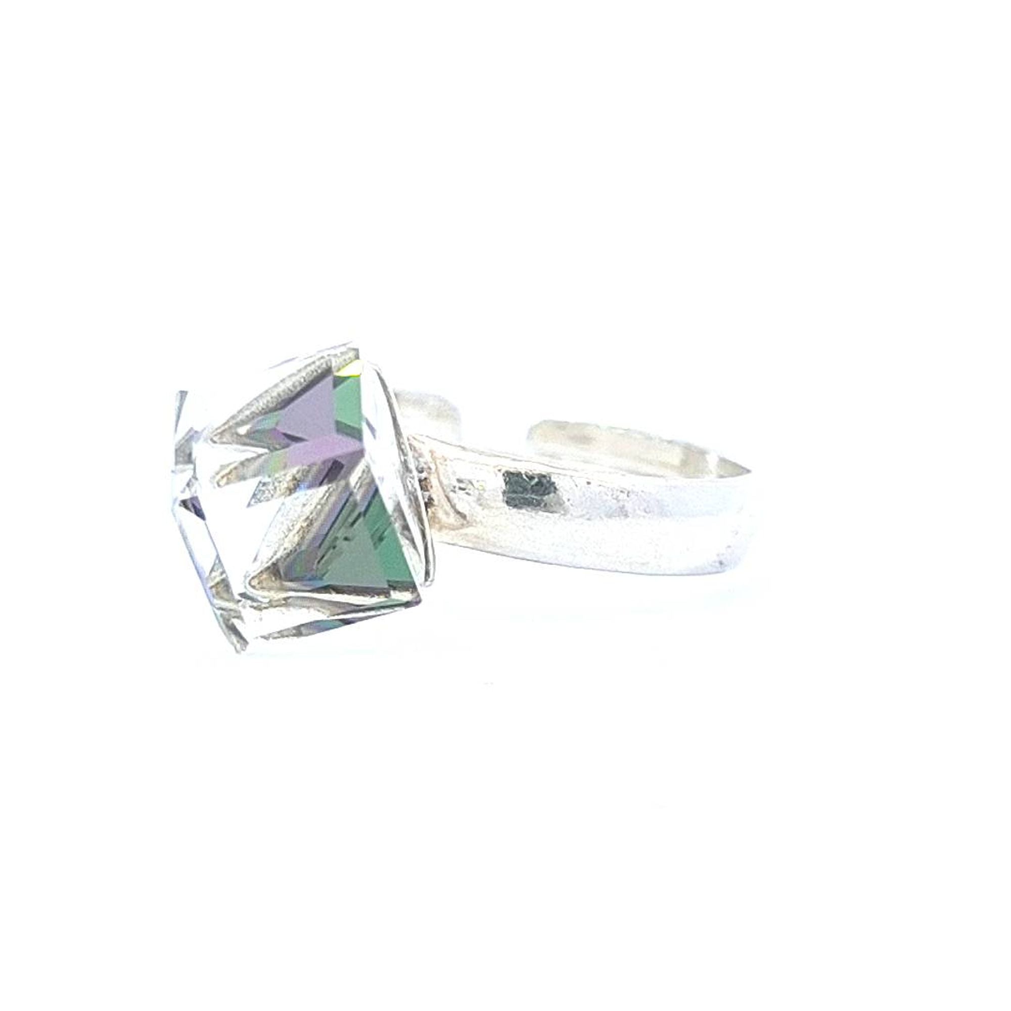 Magpie Gems' GeoGlimmer Cube Ring Featuring a Mystical Heliotrope Purple Crystal - side view