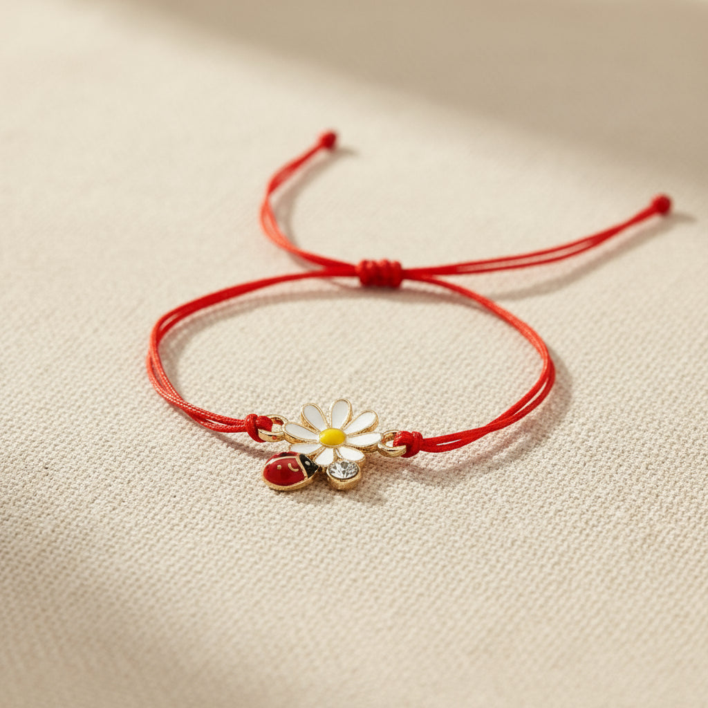 Flower and Ladybird Martisor Bracelet on a white background, showcasing the brass white flower charm, red ladybird detail, and adjustable red macramé cord.