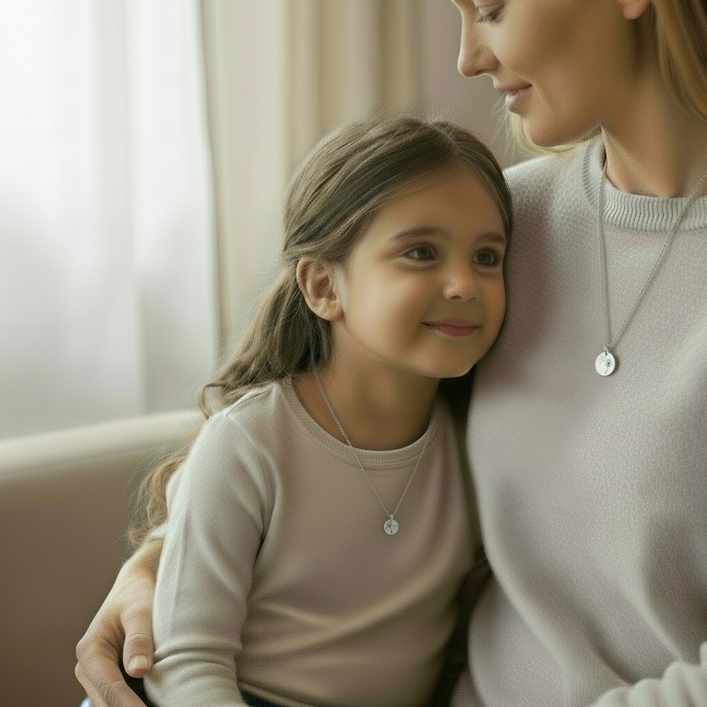 Woman and young girl wearing matching necklaces indoors