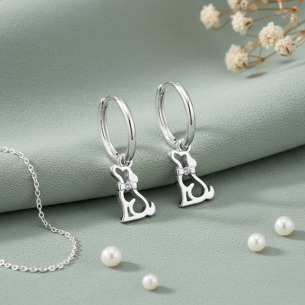 Paws and Sparkle Dog with Crystal Charm Hoop Earrings in Sterling Silver