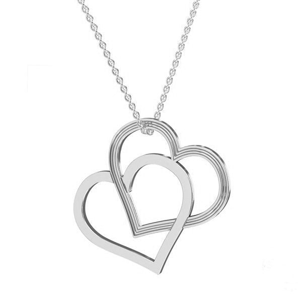 Shimmering silver necklace with two intertwined heart pendants hanging from a delicate chain, made in Ireland