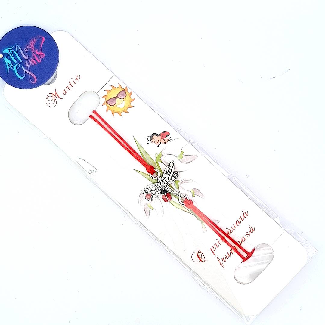 Whispers of Spring' Martisor Bracelet packaged on a presentation card in a clear bag, featuring the dragonfly and ladybird charms, ready for gifting on the 1st of March.