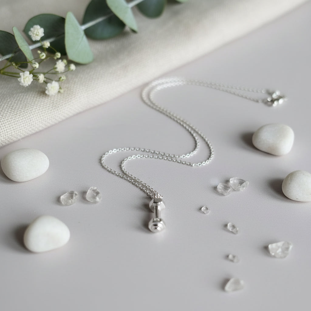 Sterling Silver Dumbbell Necklace for fitness lovers, [product type], - Personalised Silver Jewellery Ireland by Magpie Gems