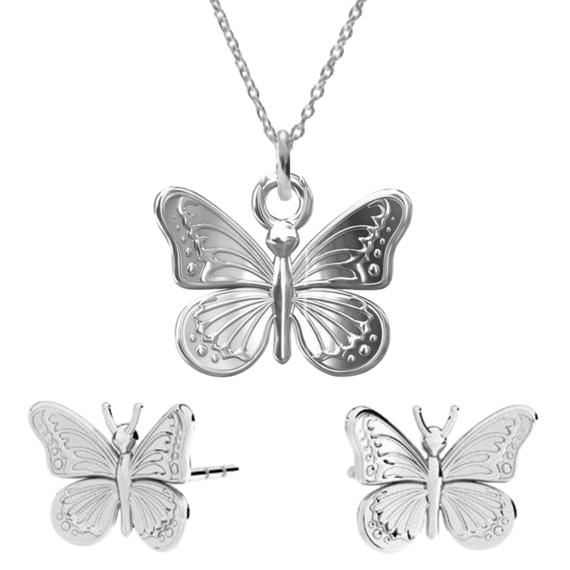 Elegant Wings - Silver Butterfly Jewellery Set featuring a detailed sterling silver butterfly pendant on a necklace and matching butterfly earrings, all displaying intricate wing patterns.