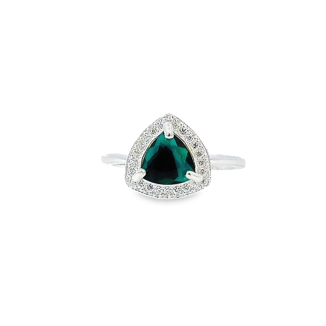 Emerald Trilliant Halo Ring with Austrian Crystal in Sterling Silver by Magpie Gems Personalised Jewellery in Ireland.