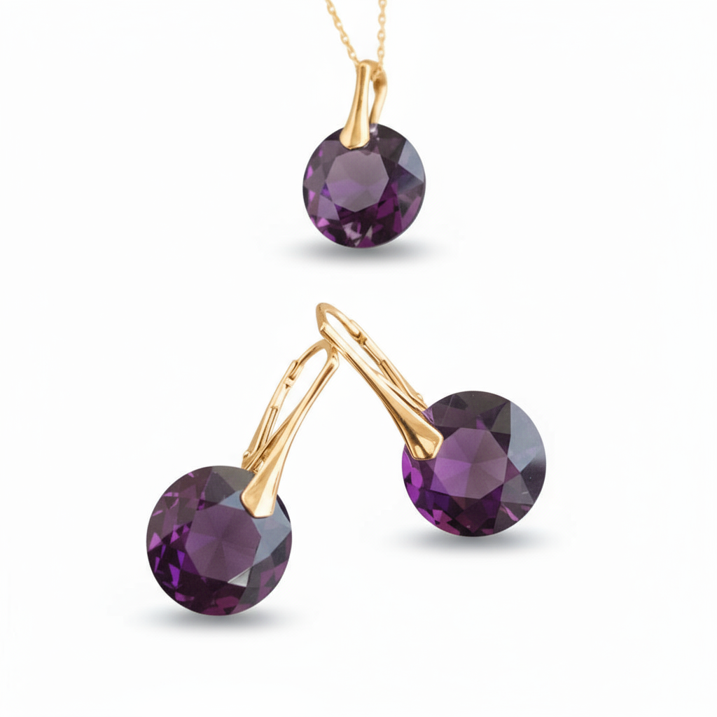 February birthstone amethyst necklace and leverback earrings in 24k gold-plated sterling silver by Magpie Gems