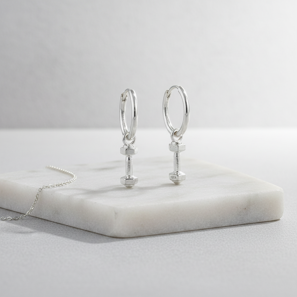 Fitness Enthusiast Dumbbell Charm Hoop Earrings in Sterling Silver